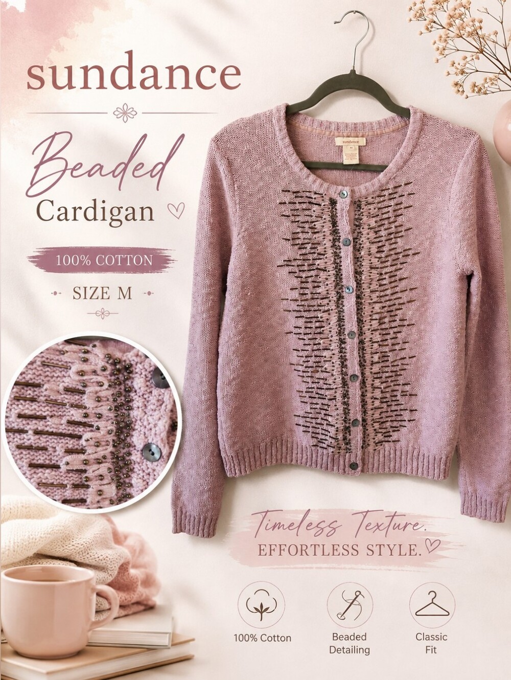 Sundance Pink Cotton Beaded Cardigan Sweater Women's M